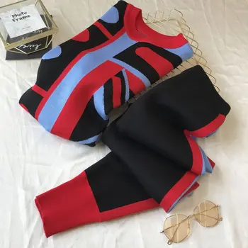 2020 Jeseni Nove Evropske Kul Maskirnim Vzorcem, Pleteni Pulover + Dokolenke Moda Obleko 2piece Nastavite Ženske Sweatsuits