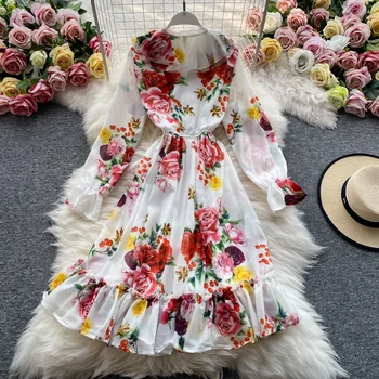 2020 jeseni nove ženske elegantna cvet natisniti o-vratu čipke-up lok pasu ruffles pravljice, a-line obleka ženska elegantna šifon obleke