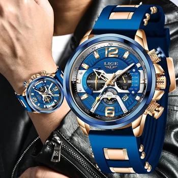 2021 LIGE Moda Šport Gledajo Moški Modra Top blagovne Znamke Luksuzni Vojaške Silicagel Zapestne Ure Človek Ura Priložnostne Kronograf ročno uro