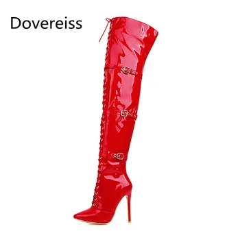 Dovereiss Modnih ženskih Čevljev, ki Pozimi Čisto rdečo barvo, bela nove Sponke Križ vezani Konicami Prstov Seksi Nad kolena čevlji 30-48