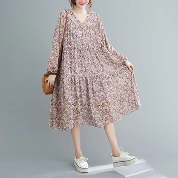 Enega Kosa 2020 Novi Korejski Stil Pomlad Jesen Ženske Midi Obleko Elegantno Šifon Sladko Dolgo Obleko Plus Velikost Cvjetnim Natisne Obleke