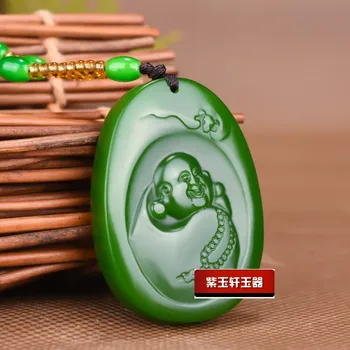 Kitajski Xinjiang Green Jade Maitreja Buda Obesek Strani Carving Ogrlica Moda Amulet Sreče Darila Moški Pulover Verige Prosti Vrv