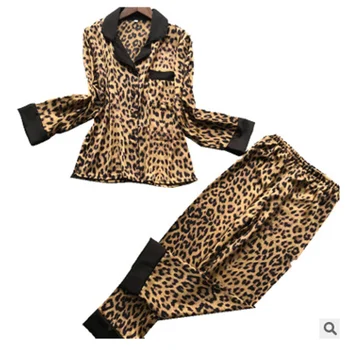Leopard Natisniti moda Seksi Žensk Pajama Določa Poliester Dolgimi Rokavi, Hlače 2 Kos Sleepwear Pomlad Jesen Domov Krpo Pižami