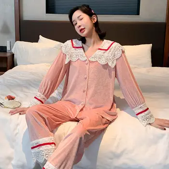Lepe Čipke Pižamo Nastavite Žensk Dolgo sleeved Pižame Debel Mah Trdna Sleepwear korejski Preprost Doma Pozimi Obrabe Priložnostne Loungewear