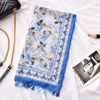Luksuzne blagovne znamke modra oblačila hidžab šal платок женский ženske jeseni Španija slog etnično čisto dolgo natisnjeni Zaviti Hijabs Muslimanskih Sjaal