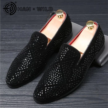 Men Fashion Loafers Party Shoes Casual Rhinestone Pointed Toe Flats Breathable Party Dress Shoes Mens Slip On Wedding Shoes