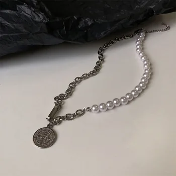 Minar Minimalističen Asimetrične Kovanec Obesek Ogrlice za Ženske Mujer Močen Votlih Povezana Veriga Pearl Chokers Ogrlica Dodatki