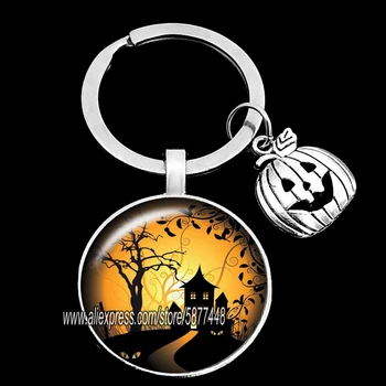 Moda Halloween Key Ring Stekla Ključnih Verige Keychain, Nakit, Starine, Srebrne Barve, Prevlečen Pumpkin Lantern Ključa Imetnika za Otroka