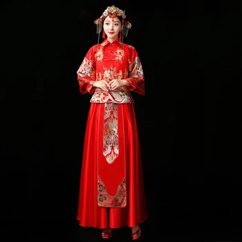 Nevesta Cheongsam Letnik Kitajski Stil Poroka Oblačenja Retro Toast Obleka Lady Vezenje Phoenix Obleke Zveze Qipao rdeča Oblačila