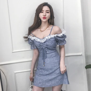 Nov prihod moda korejskem slogu čipke mini obleka ženske elegantne poletne seksi trak temperament urad dama sveže modra a-line oblačenja