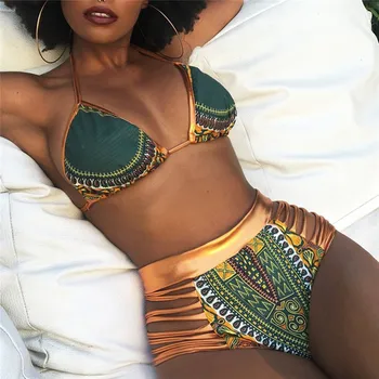 Nove Afriške Tiskanje Dveh Kosov Kopalne Obleke Bikini Komplet Seksi Geometrijske Kopalke, Kopalke Zlato Visoko Pasu, Plavanje Obleko