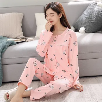 Plus Velikost Bombaž Jopico Pajama Kompleti za Ženske Jeseni Dolg Rokav Sleepwear bo Ustrezala Loungewear Homewear Pijama Mujer Oblačila