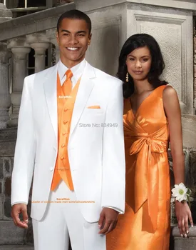 Po meri Narejene Ženina Jopičem Terno Noivo, Dogovorili Bele barve z oranžnim telovnik / waistcoat, Prilagojene Moško Poročno Obleko