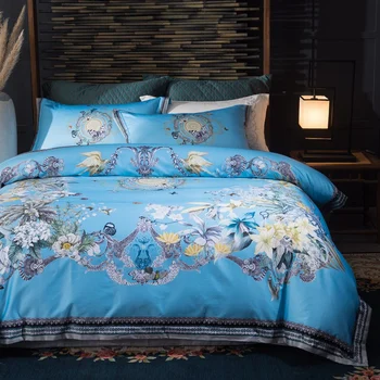 Posodono Luksuzni listov tiskanje posteljnina nabor rjuhe zajema Evropski kraljevsko modra bedsheet bedspread Egiptovski bombaž posteljnino