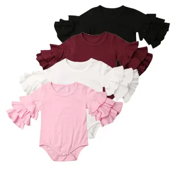 Priložnostne Newborn Baby Dekleta Obleke Bodysuits Srčkan Trdna Plasti Ruffle Dolg Rokav Malo Dekleta Jumpsuit Obleko 0-18 M