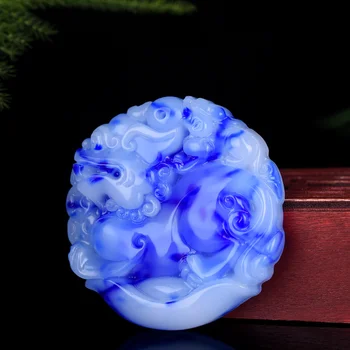 Ročno izrezljane Naravna Modra Barva Jade za Neodvisno Nakit Ogrlica Pixiu Čar Za Zaščito Zlo, Moški in Ženske, Modro Lepa WhitePixiu