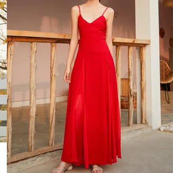 Seksi Špageti Trak Ženska Plaža Obleko 2021 Plus Velikost Backless Počitnice Boho Obleko Haljo Rdeče Šifon Stranka Dolge Poletne Obleke