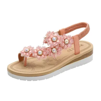 SNURULAN ženske ženske Toepost cvet pearl elastični pas plaže Roman sandali z križane trakov sandali