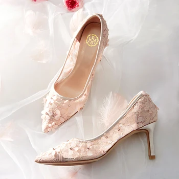 Vila gaza roza poročni čevlji ženske 2019 novo čipke openwork visoko peto obleko, čevlji za nevesto fine-nagnila družice čevlji